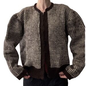 Vintage Hand Knit Brown and White Striped Cardigan Size L